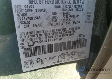 2001 Ford Escape Xls z USA, uszkodzony, nr VIN 1FMYU01B81KB24090